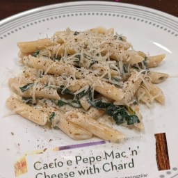 Episode 2 of #BillandJeneyTest – Cacio e Pepe mac and cheese with chard (a Rachael Ray magazine recipe)