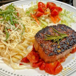 A Plant-Based Feast: Juicy Marbles Steak with Blistered Veggies, Fresh Pasta & Zesty Salad